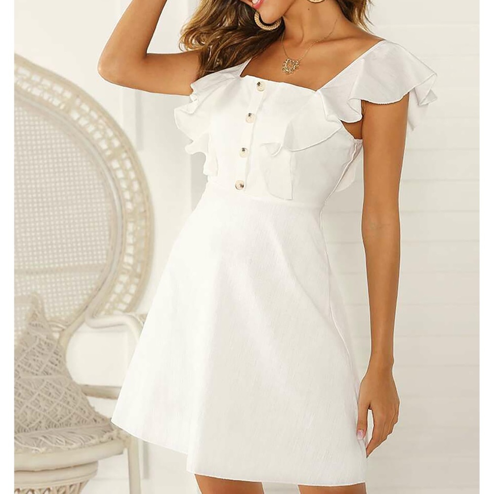 White Ruffle Sleeve Fit & Flare Summer Short Dress - Picture 3 of 10